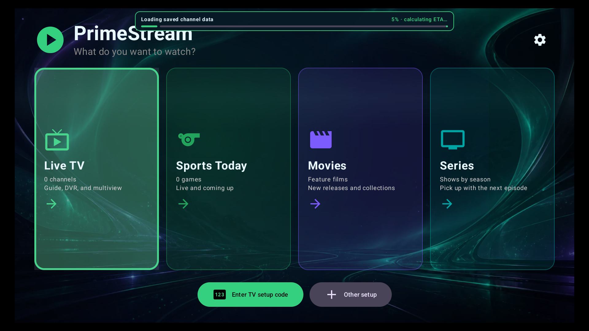 PrimeStream showing Live TV, Sports Today, Movies, and Series